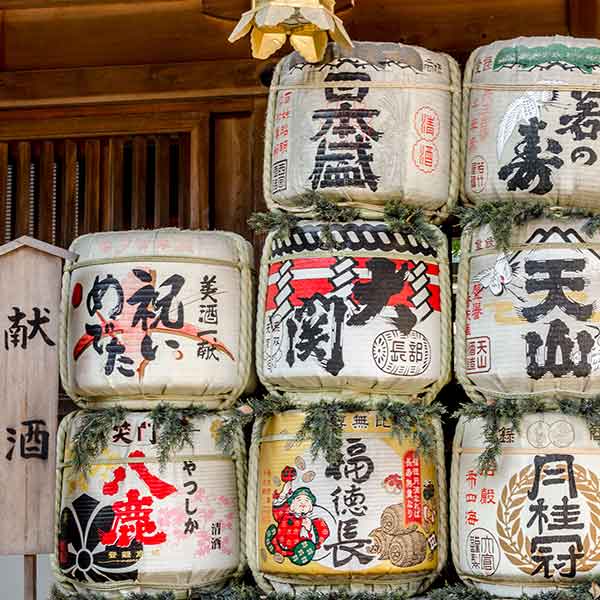 Sake casks in a Japanese temple, Fukuoka Prefecture Japan