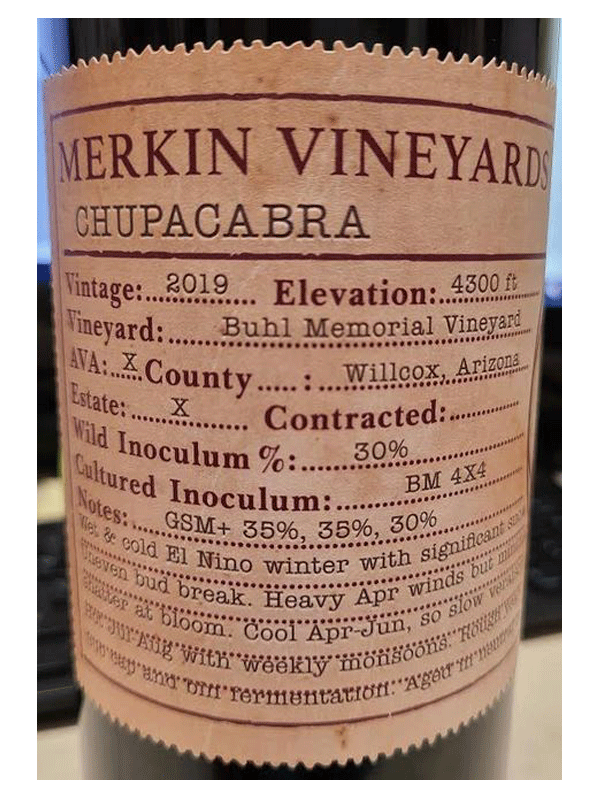 Caduceus Merkin Vineyards Chupacabra 2019 750ML Label